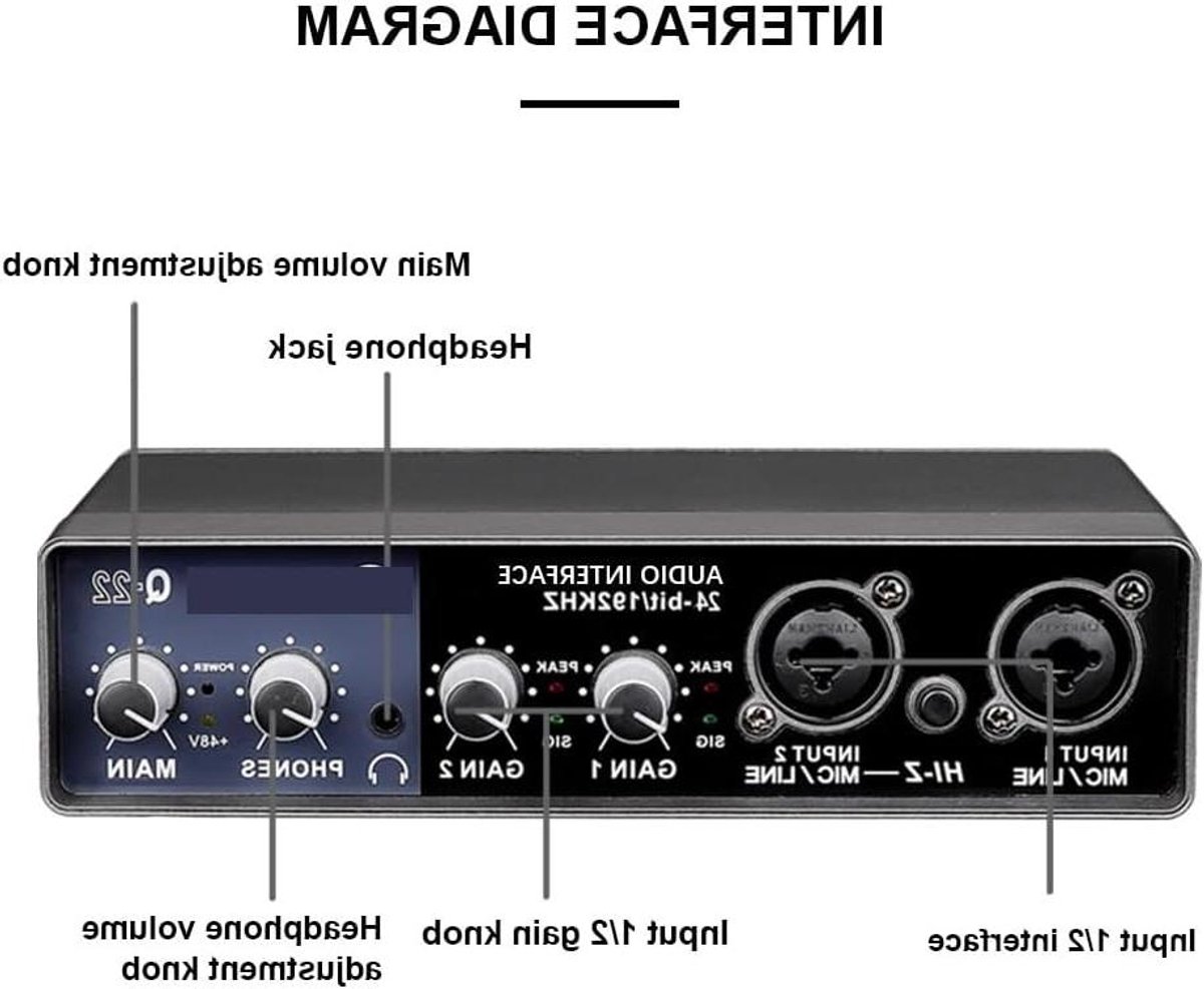 DJ Controller Geluidskaart - Audio Interface USB - Muziek Opnemen - Dubbele Microfoon Ingang - 24-bit 192kHz - Zwart