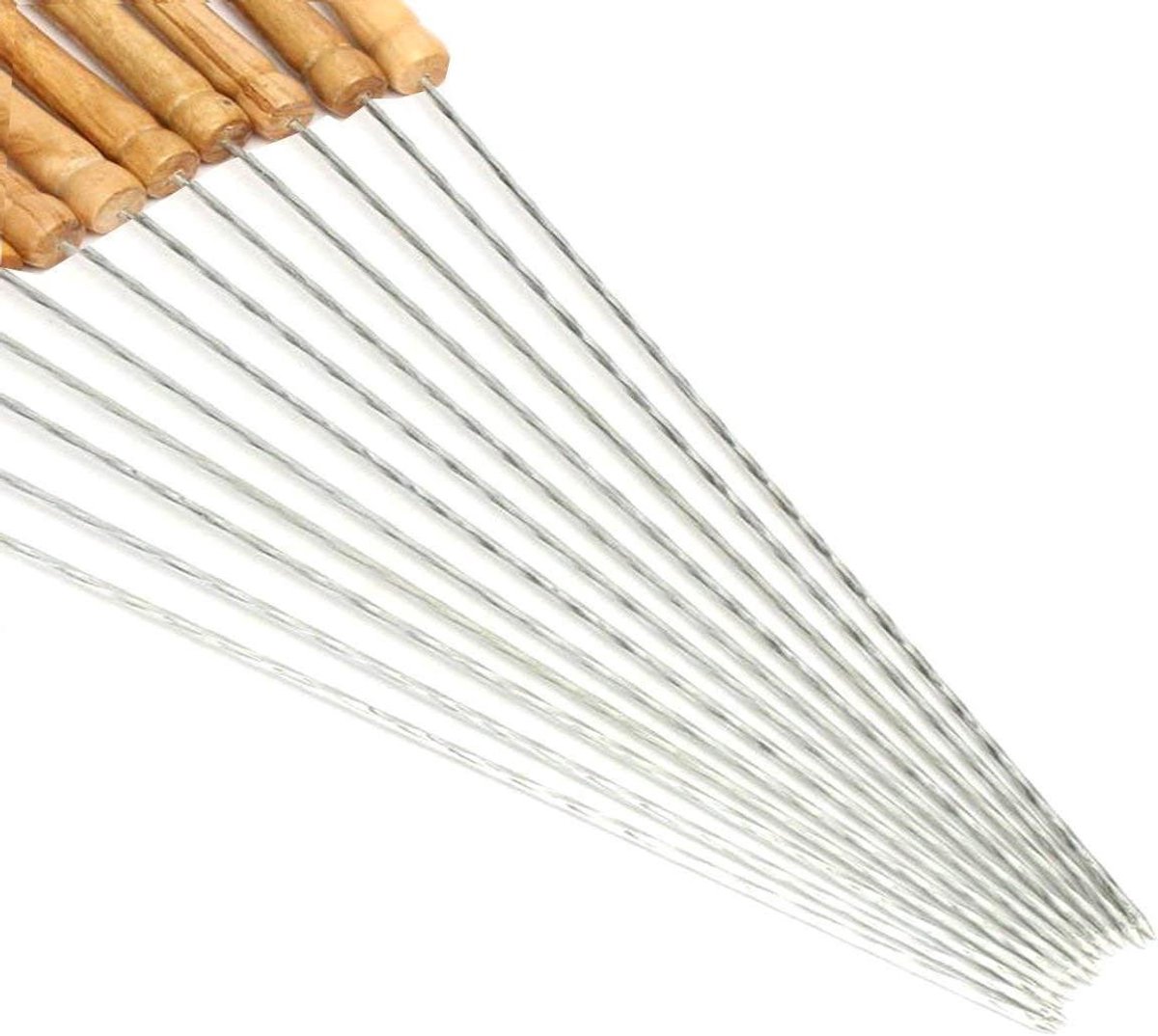 Grill Spiesjes - Barbecue Prikkers - Kampvuur Koken - Houten Handvat - 12 Stuks - Zilver