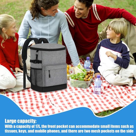 Koelere rugzak - Geïsoleerde tas - Picknick en reizen - Waterdicht en robuust - 17 liter capaciteit - Grijs — afbeelding 5