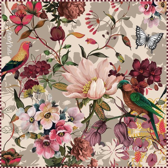 Zijden sjaaltje met een bloemenprint, twee parkieten en een vlinder.