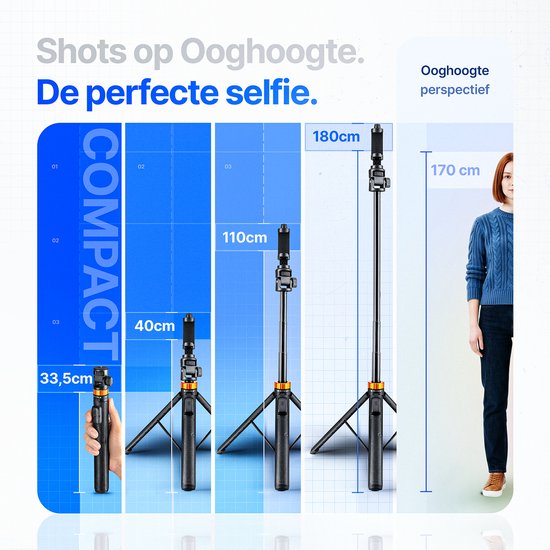 Studio ME selfiestick/statief in verschillende hoogtes: 33.5cm, 40cm, 110cm en 180cm. Een vrouw staat naast de 170cm hoge statief. "Shots op Ooghoogte. De perfecte selfie."