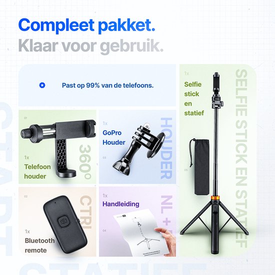 Studio ME selfie stick en statief pakket. Bevat telefoonhouder, GoPro houder, Bluetooth remote en handleiding. "Compleet pakket. Klaar voor gebruik."