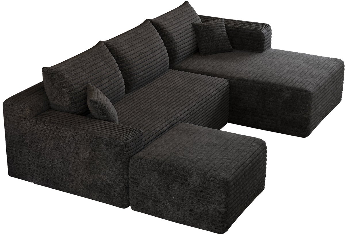 Merax Cloud Hoekbank 4-Zits - Zwarte Ribstof Loungebank 241 cm - L-Vormige Bank met Chaise Longue - Diepe Zitting - Geen Montage Nodig - Bank voor Woonkamer en Appartement