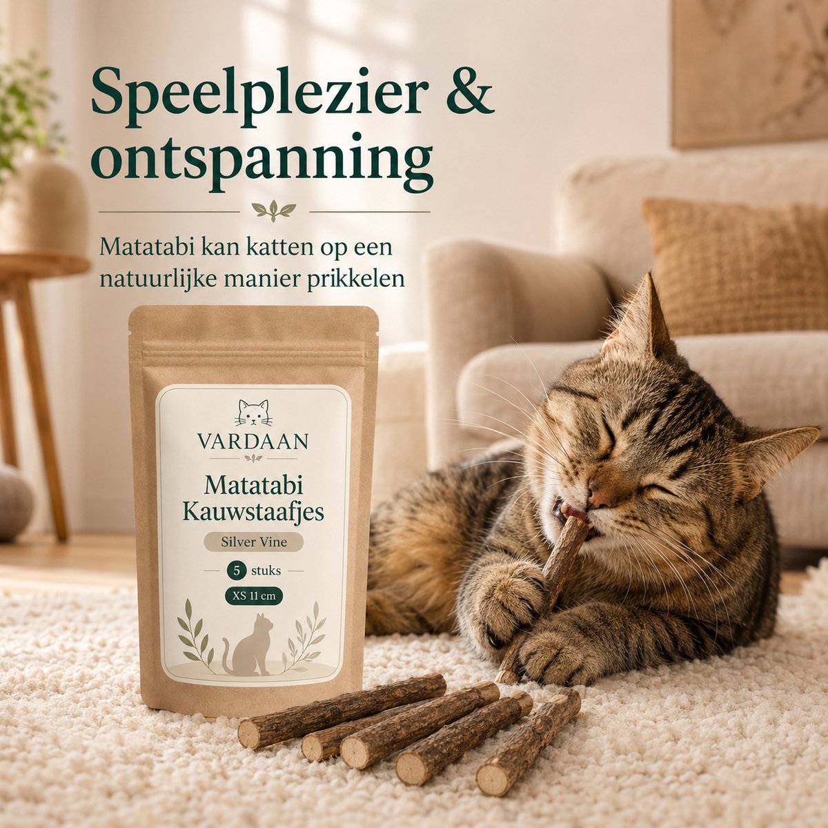 Vardaan Matatabi Kauwstaafjes Voor Katten 5 Stuks – Matabi Stokjes – Silver Vine – Catnip Effect – Kattenkruid – Kattenspeelgoed – Kattensnacks – Kattensnoepjes – Vegan – Kalmerend – Gebitsreiniging – Frisse Adem – Plantaardig – Kittens – XS 11 cm