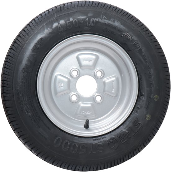 Roue complète 10 pouces - Pneu 4.50-10 + jante - Pas Opel: 4x100 - 400 kg - 6PR - Diamètre moyeu 60 mm