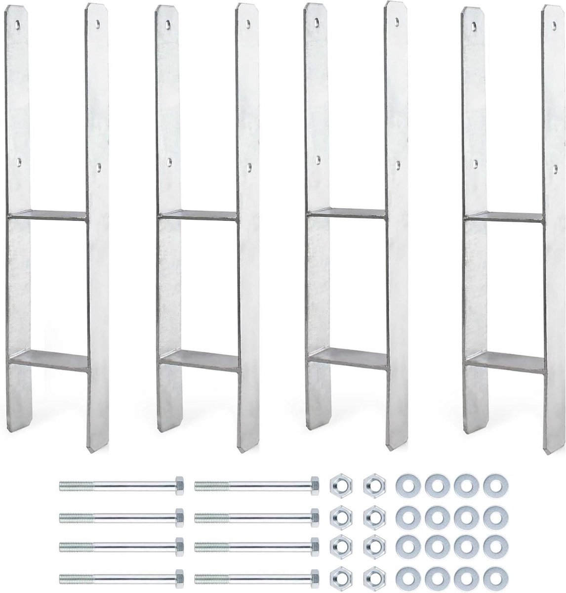Paaldragers Thermisch Verzinkt - Grondankers H-anker - Stevig Palen Plaatsen - H-constructie met Versteviging - 71 x 600 mm - Zilverkleurig