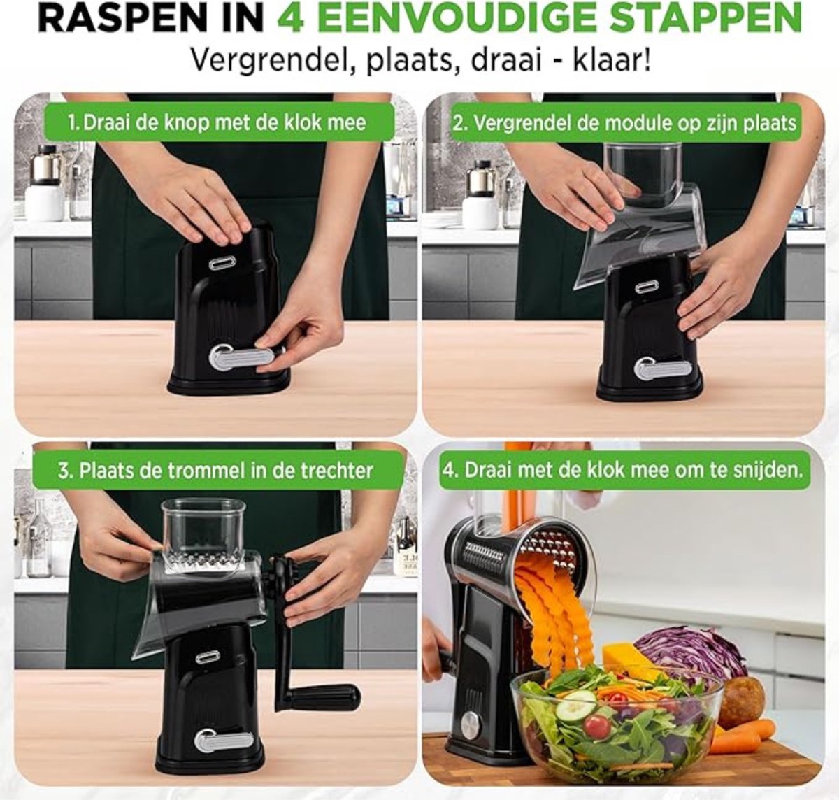 Kaasraspmolens - 5-in-1 Kaasrasp en Raspmolen – 5 Verschillende Schijven voor Fijne - Grove - Julienne-Reepjes - Golvende en Rechte Reepjes – Inclusief Handzwengel – Stevige Zuignap en Opbergbakje – Zwart
