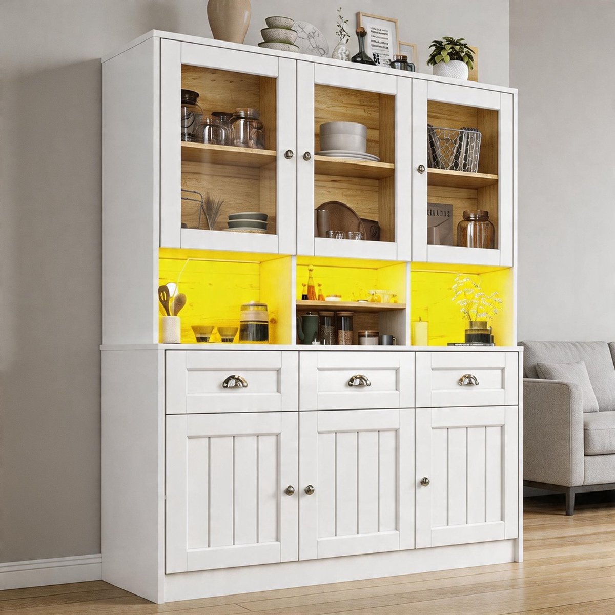 Komhtom - Hoge keukenkast en buffet - 140×40×175 cm - Vitrinekast met verstelbare planken - Dressoir met LED-verlichting en variabele lichtkleuren - Wit/Zwart