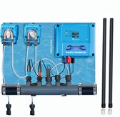 Automatisch pH en chloor doseersysteem met twee blauwe doseerpompen, een blauw bedieningspaneel, en twee zwarte sondes.