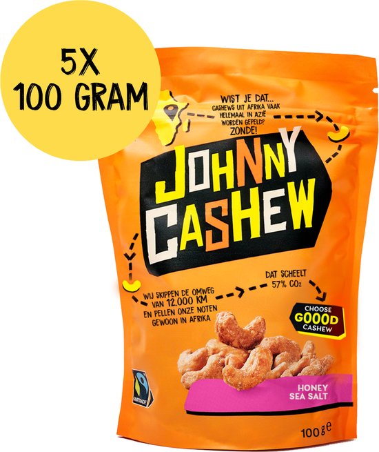Johnny Cashew – Honing Zeezout – Cashewnoten – 5 x 100 gram