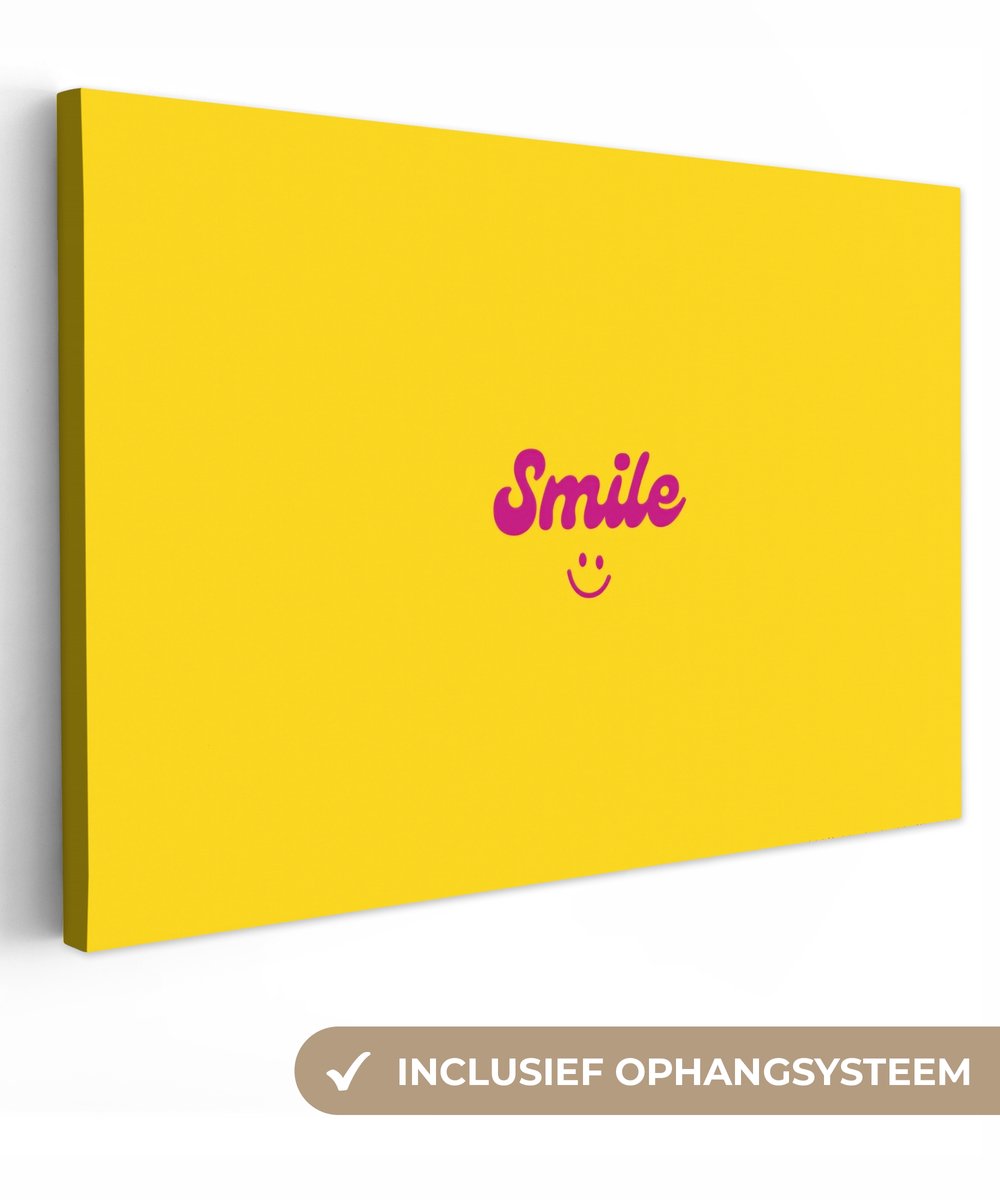 Canvas schilderij 120x80 cm - Exclusieve wanddecoratie Smile - Geel - Roze - Muurdecoratie woonkamer - Slaapkamer decoratie - Kamer accessoires - Schilderijen op canvas