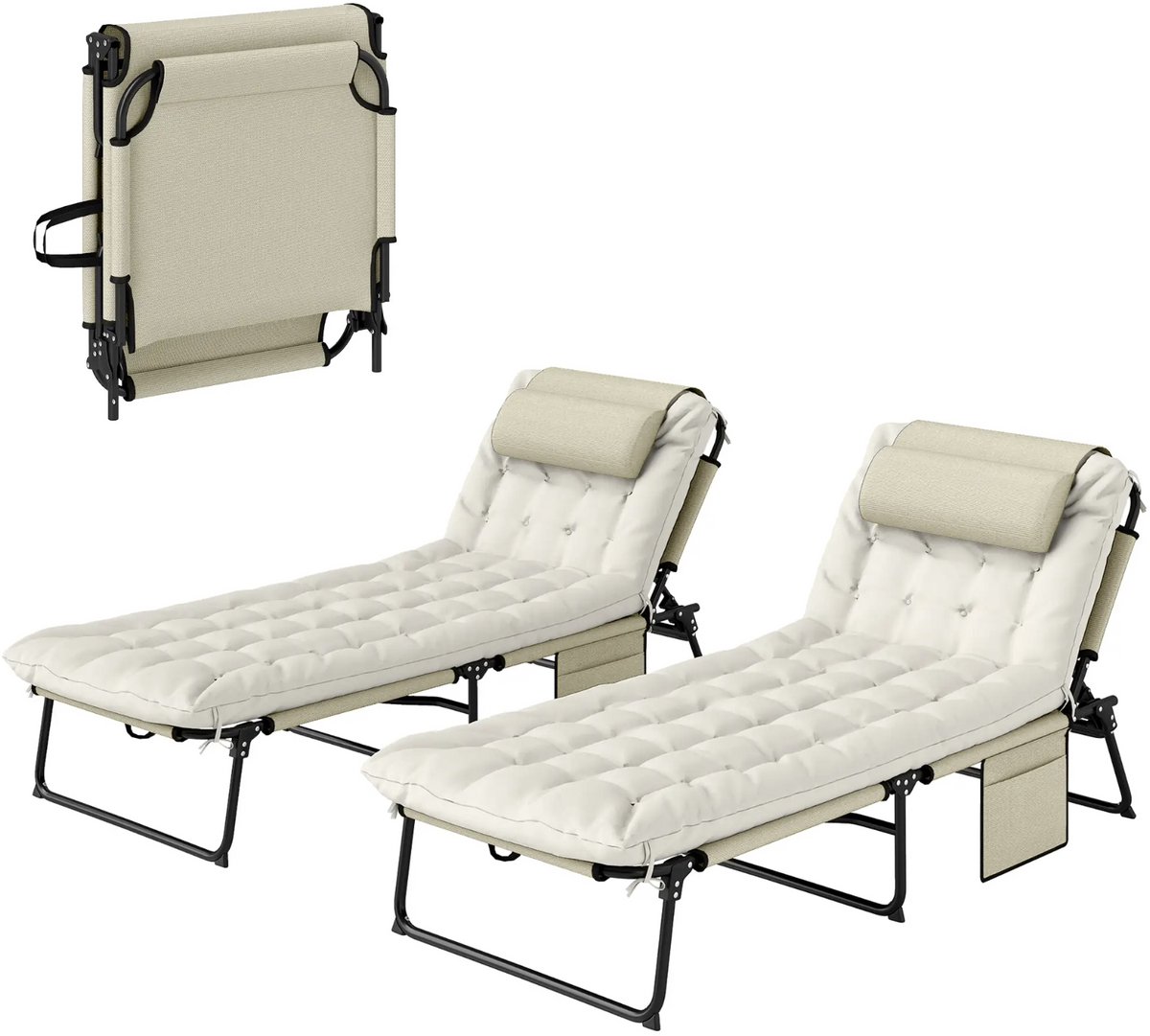Outsunny Set van 2 opklapbare ligstoelen met 4-standen verstelbare rugleuning, hoofdsteun en dik matras, beige