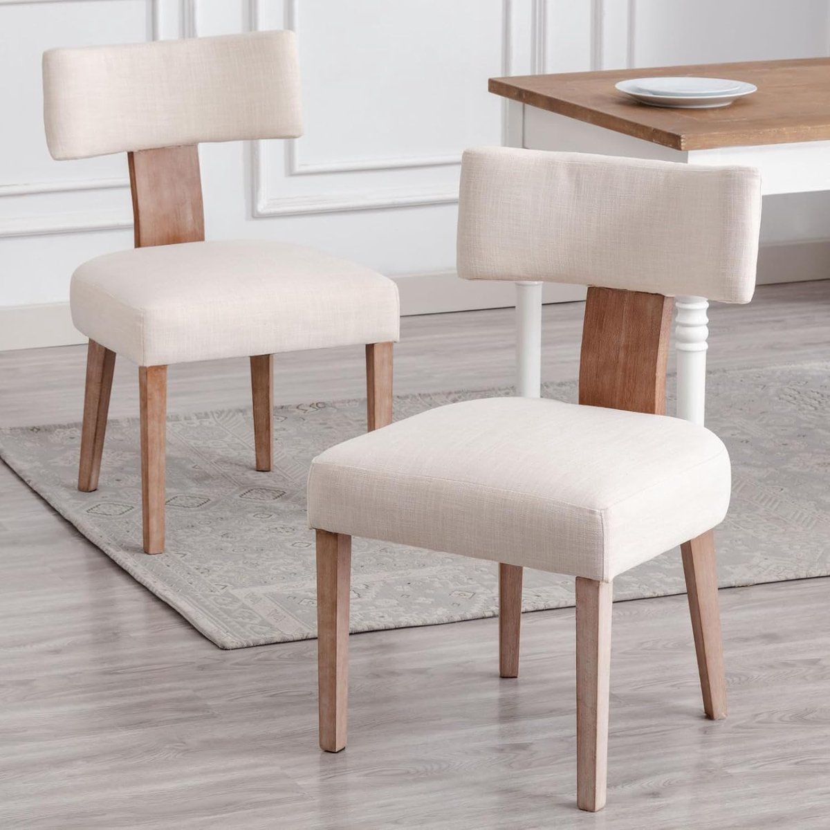Veloura Retro Luxe Eetkamerstoelen Set van 2 – Beige Linnen Stoelen met Houten Poten, 52 x 58 x 86 cm