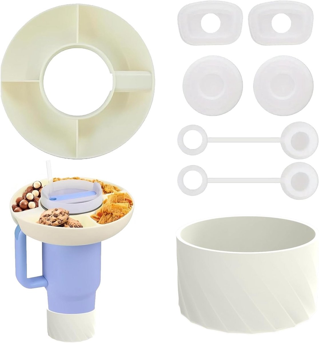 Snack Bowl Set met Beschermende Bodem en Rietstopper voor Tumbler en Snacktablet, Silicone Snackring voor Thuis en Buiten, Geschikt voor Stanley Cup 1.0/2.0