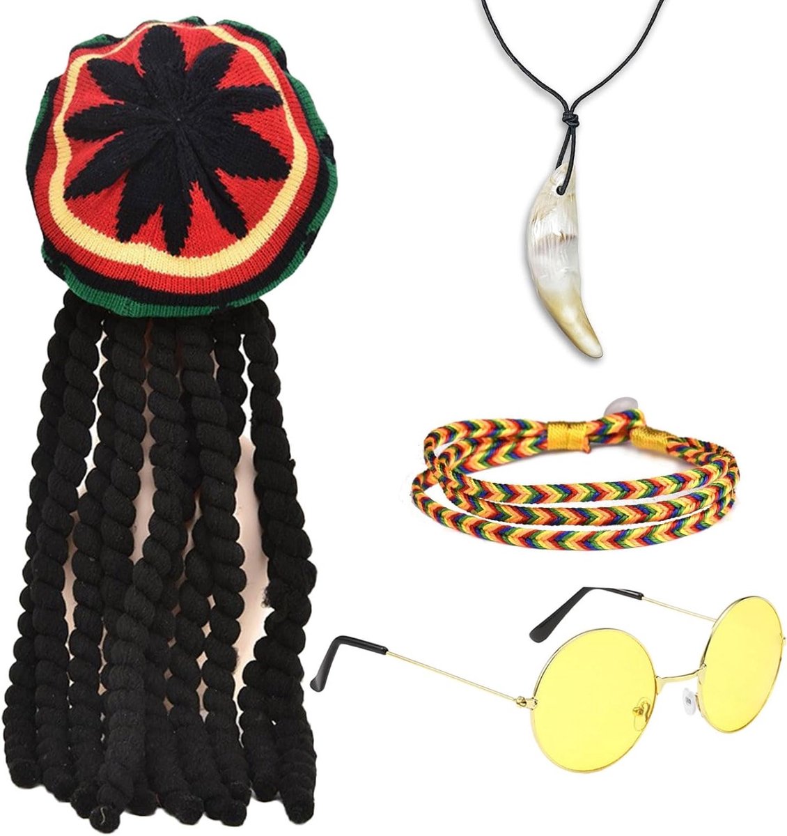 4 Stuks Rasta Dreadlocks met Gele Bril, Gehaakte Armband, Ketting en Reggae Hoed voor Cosplay en Feestelijke Kostuums