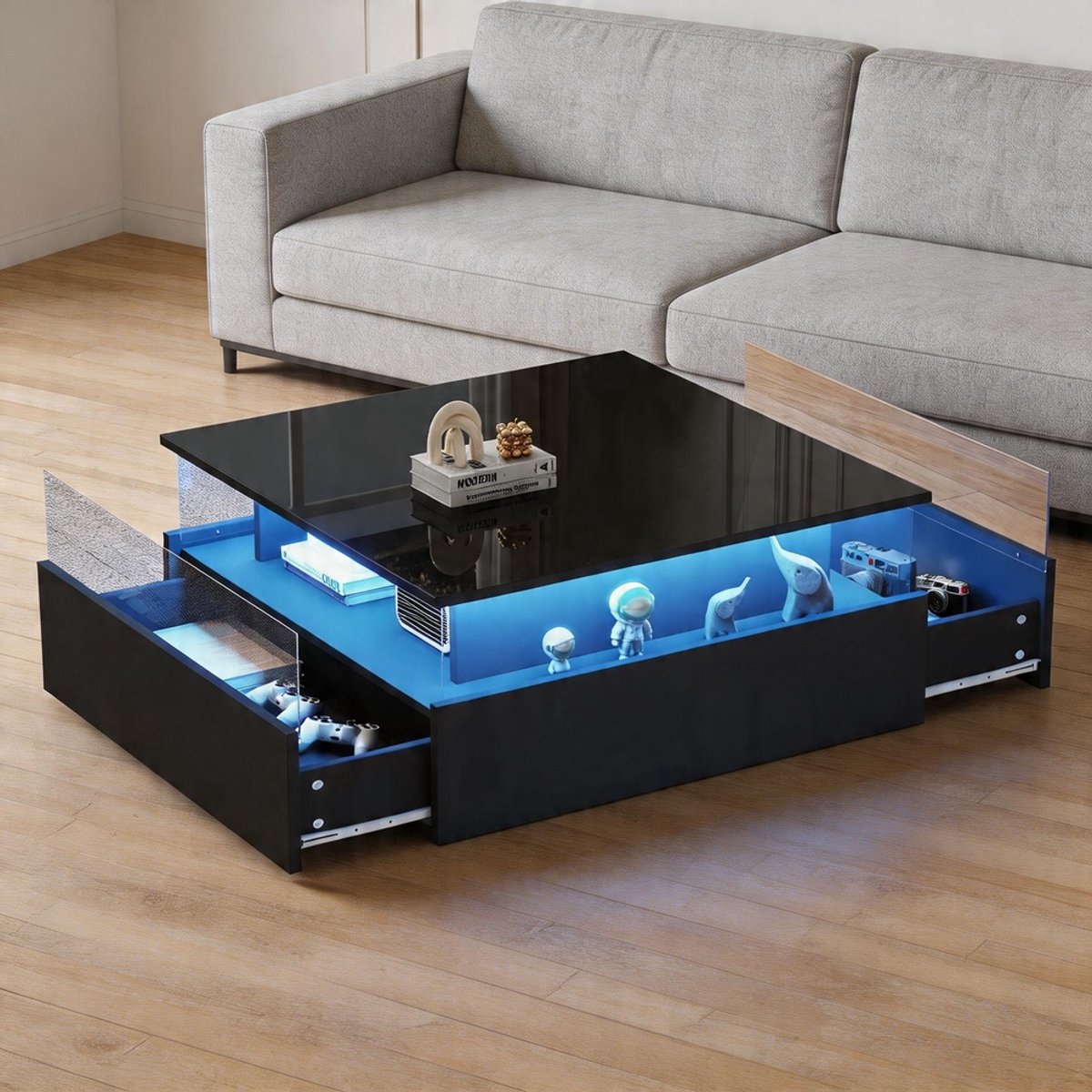 KOMHTOM Hoogglans LED-salontafel - Twee lades - Transparant presentatiegedeelte - Draagvermogen 30 kg - 70x70x41 cm Zwart