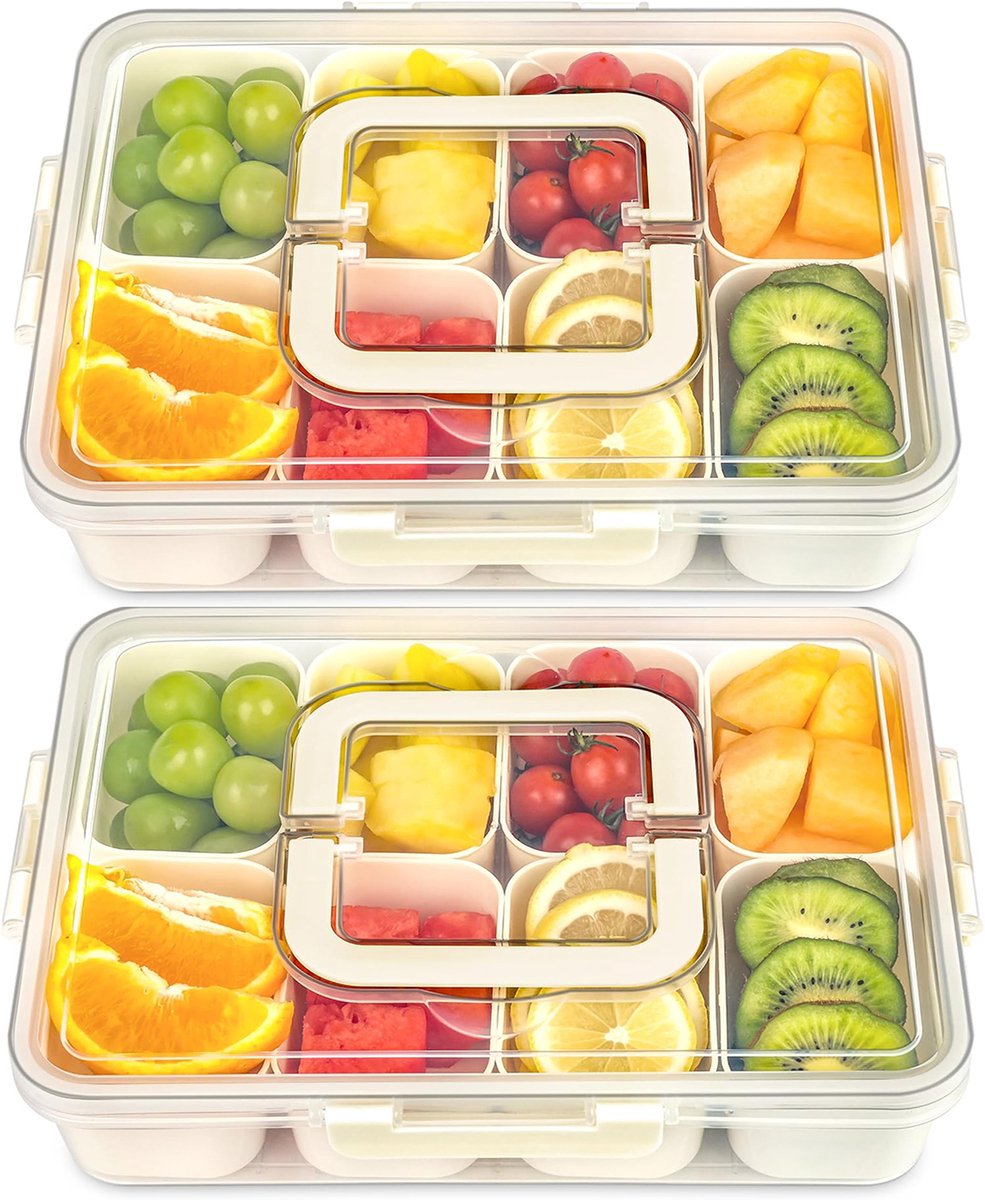 Snackbox met 16 vakken – 2-pack Bento box met deksel en handgreep – BPA-vrije opbergbox voor snacks, fruit, noten en dips – Lekvrije koelkast organizer – Draagbaar & herbruikbaar
