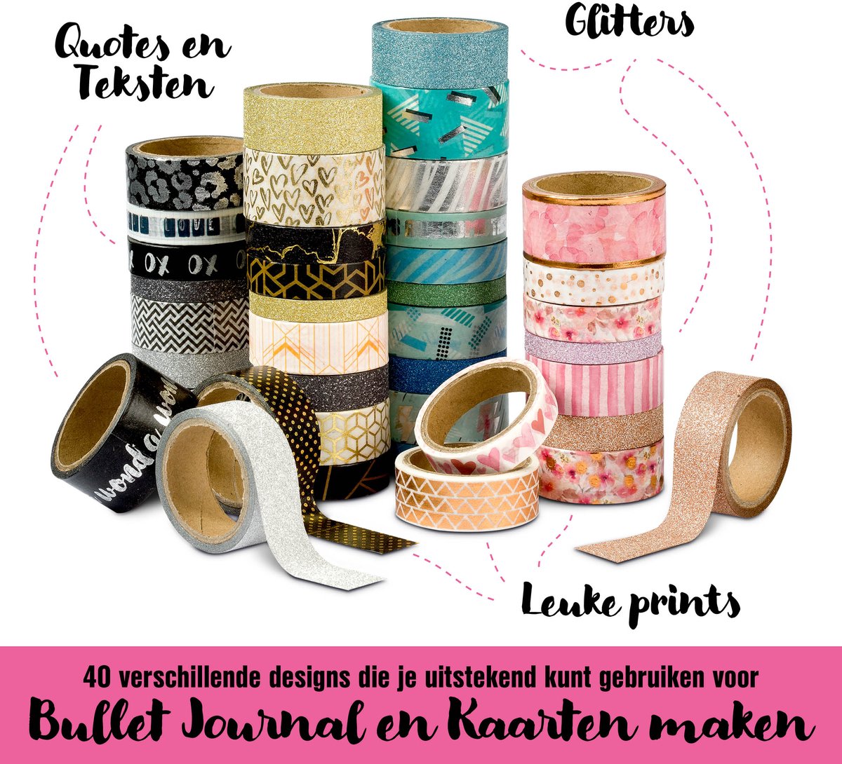 Washi Tape 40pcs - rollen van elk 3 meter - washi-tapes in 40 unieke ontwerpen voor handwerk, journaling, scrapbooking — afbeelding 8
