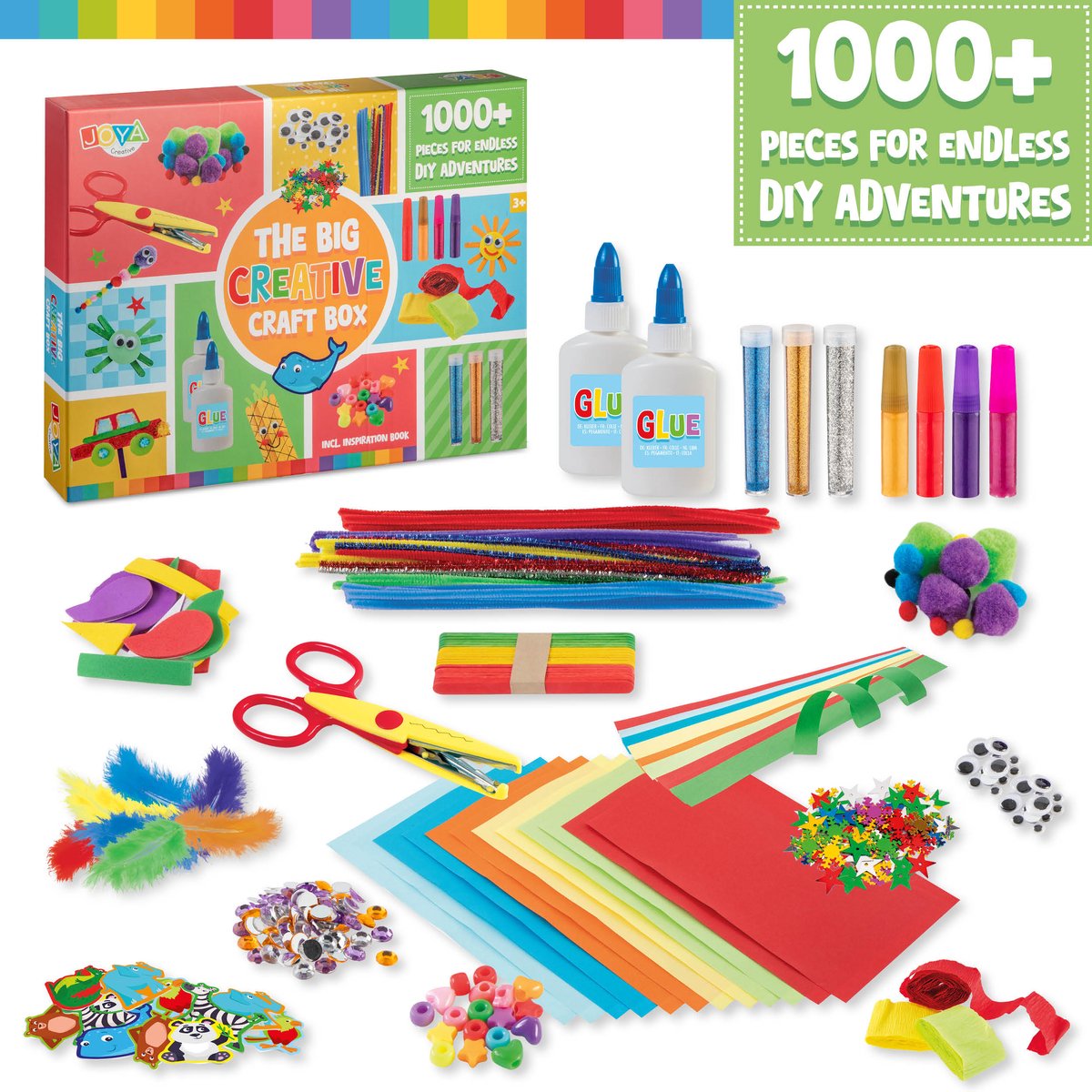 Knutselkoffer - 1000+ Onderdelen Knutselpakket voor Kinderen - Knutselen voor Kinderen en Meisjes - Knutselkoffer met Papier, Glitter, Foam, Pompoms en Inspiratieboek - Creatieve Knutselset 3+ - Joya Creative — afbeelding 7