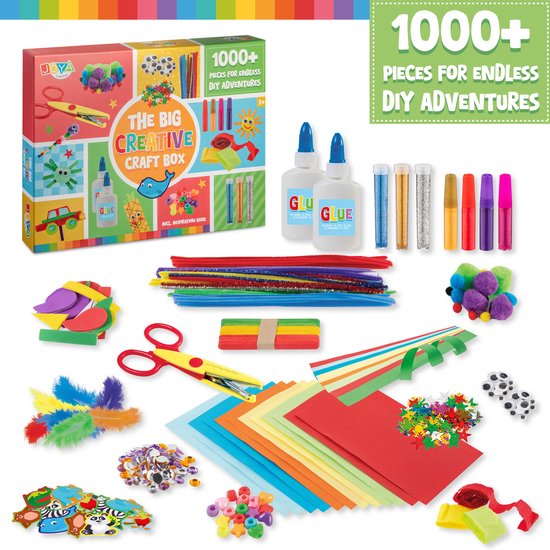 Knutselkoffer - 1000+ Onderdelen Knutselpakket voor Kinderen - Knutselen voor Kinderen en Meisjes - Knutselkoffer met Papier, Glitter, Foam, Pompoms en Inspiratieboek - Creatieve Knutselset 3+ - Joya Creative