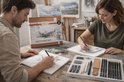 Man en vrouw tekenen in schetsboeken met de 22-delige tekenset. Doos met "Sketching Set" in het midden.