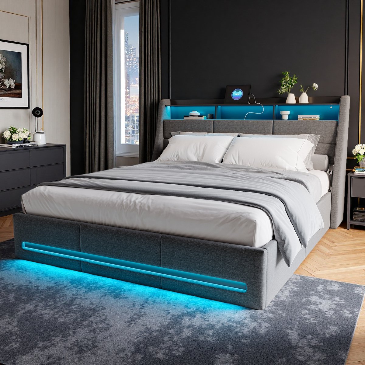 ROSAHQNDA Tweepersoonsbed 160x200 cm - Linnen gestoffeerd bed - Met LED-verlichting - USB-poorten - Hydraulische hendel - Hoofdbord met opbergruimte - Eenvoudige montage - Grijs