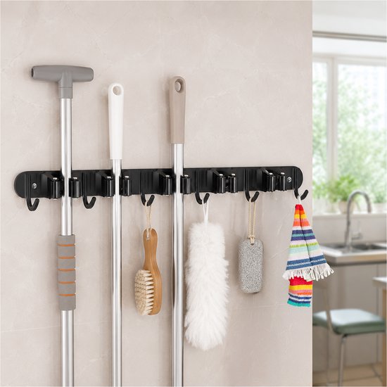 Bezem en gereedschapshouder 2 stuks geschikt voor keuken, schuur en garage - Wandmontage van RVS met 5 houders en 6 haken, 60 cm - Stevig ophangsysteem voor bezems en tuingereedschap - Mat zwart — afbeelding 5