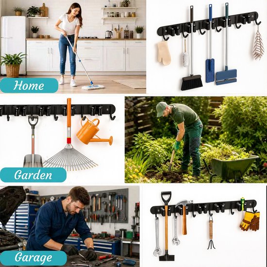 Bezem en gereedschapshouder 2 stuks geschikt voor keuken, schuur en garage - Wandmontage van RVS met 5 houders en 6 haken, 60 cm - Stevig ophangsysteem voor bezems en tuingereedschap - Mat zwart — afbeelding 4