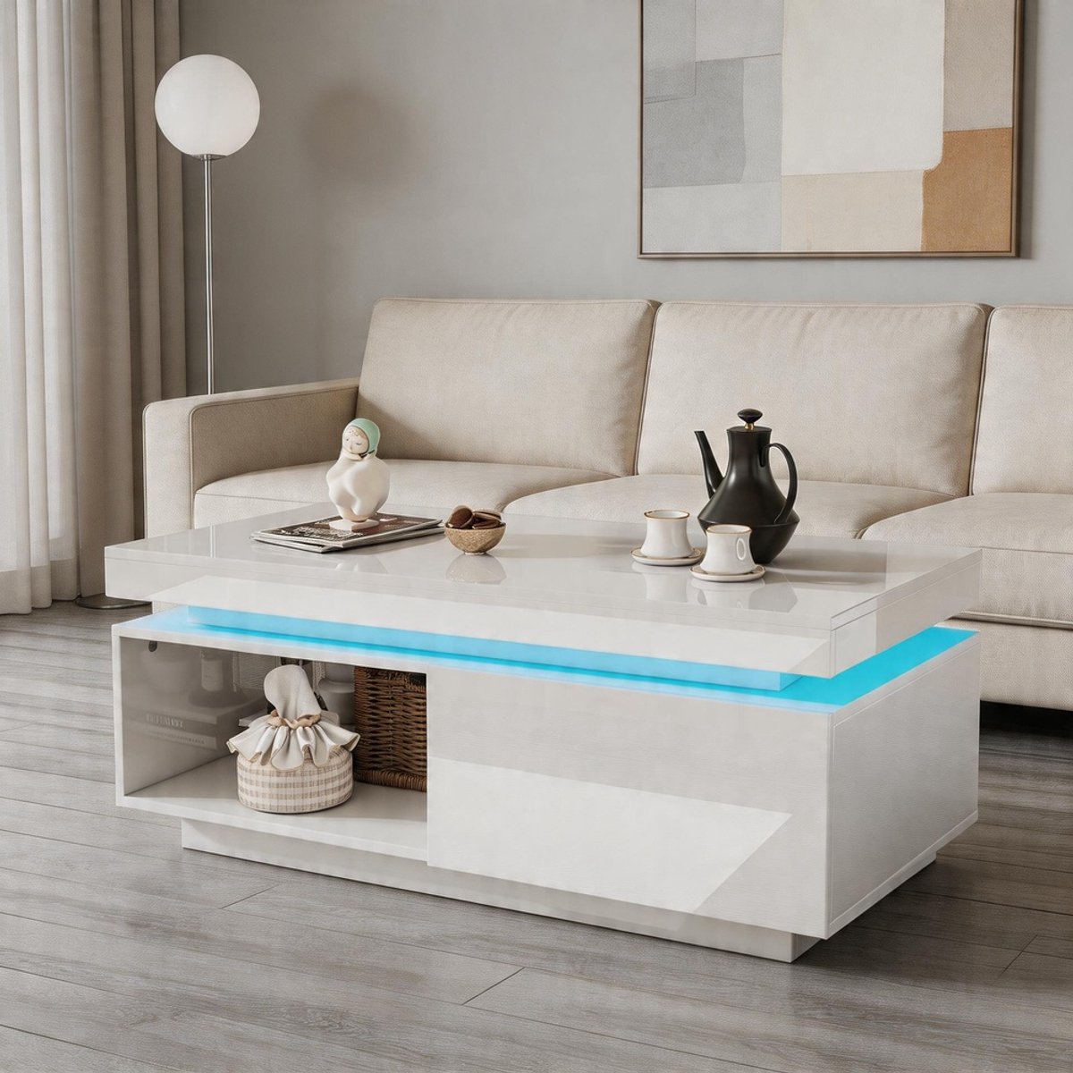 KOMHTOM Moderne hoogglans salontafel - LED-verlichting - Lade - Draagvermogen 50 kg - 100x50x40,3 cm Wit