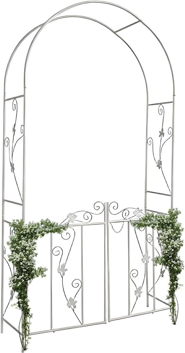 Rozenboog met Poort - Tuinboog Prieel - Klimplanten Ondersteunen - Met Deur Ontwerp - 214 cm Hoog - Wit