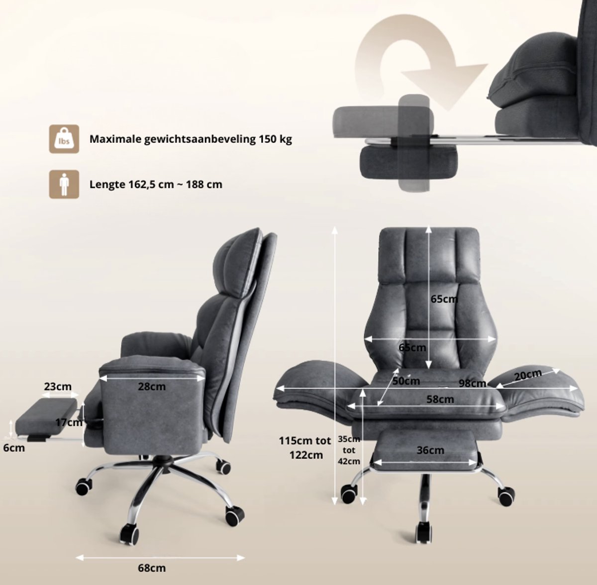 Shenzhen Xincheng Gaming Bureaustoel met Voetsteun Ergonomisch Grijs - afbeelding 3