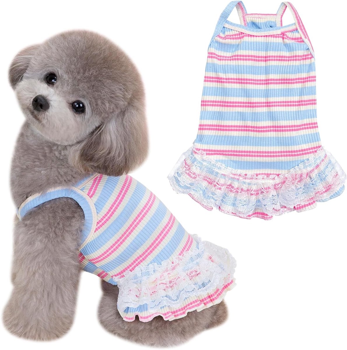 Zomeroutfit voor Honden en Katten - Mouwloos Gestreept T-shirt en Tutu Rok voor Kleine en Middelgrote Huisdieren (Blauw, XL)