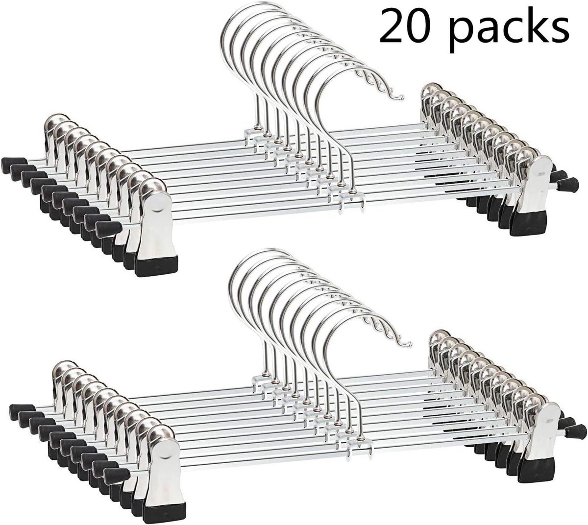 Kledinghanger- hanger met clips-Broekhangers met Clips – 20 Stuks – rok hanger-Metalen Kledinghanger – Verstelbare Antislip Clips – 360° Draaibare Haak–35cm-Antislip – Ruimtebesparend– Geschikt voor broeken, rokken, shorts, sokken, ondergoed en meer