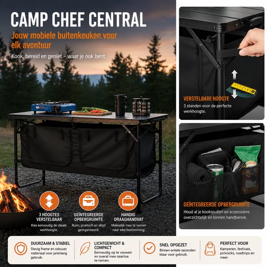 HomeGoodies Campingkeuken - Kampeerkeuken - Campingkast - Buitenkeuken - Opvouwbaar - 3 Verstelbare Hoogtes - Met Opbergvakken van Homegoodies — afbeelding 3