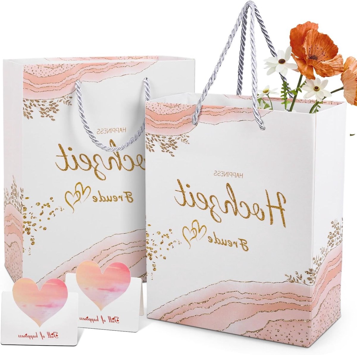 Kraft Papieren Cadeauzakken voor Bruiloften, Set van 2, Roze, Verpakking voor Geschenken en Trouwen