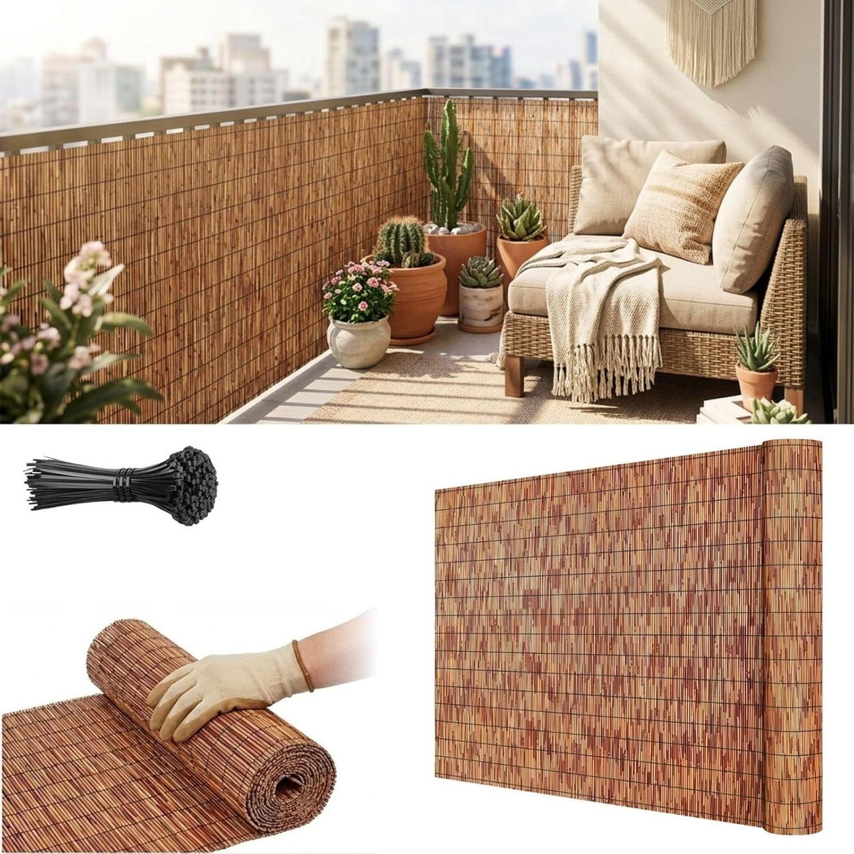 Balkonscherm Bamboe - Privacy scherm - Tuin afscheiden - Handgeweven structuur - H180xL800cm - Bruin