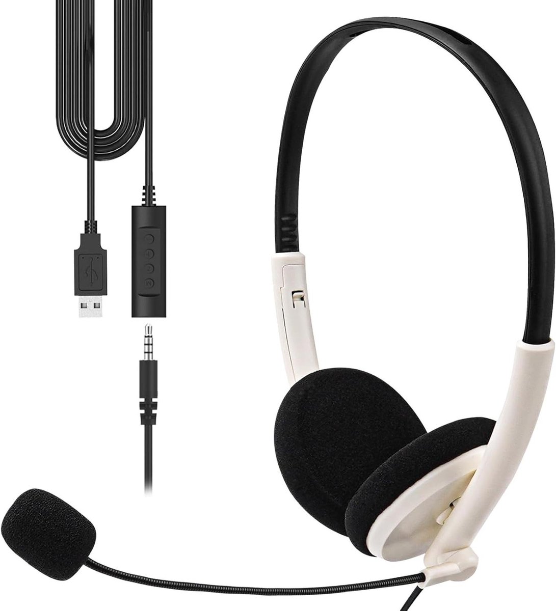 USB Headset - Microfoon hoofdtelefoon - Online vergaderingen - Ruisonderdrukkende microfoon - 16 x 16 x 5.5 cm - Gebroken wit