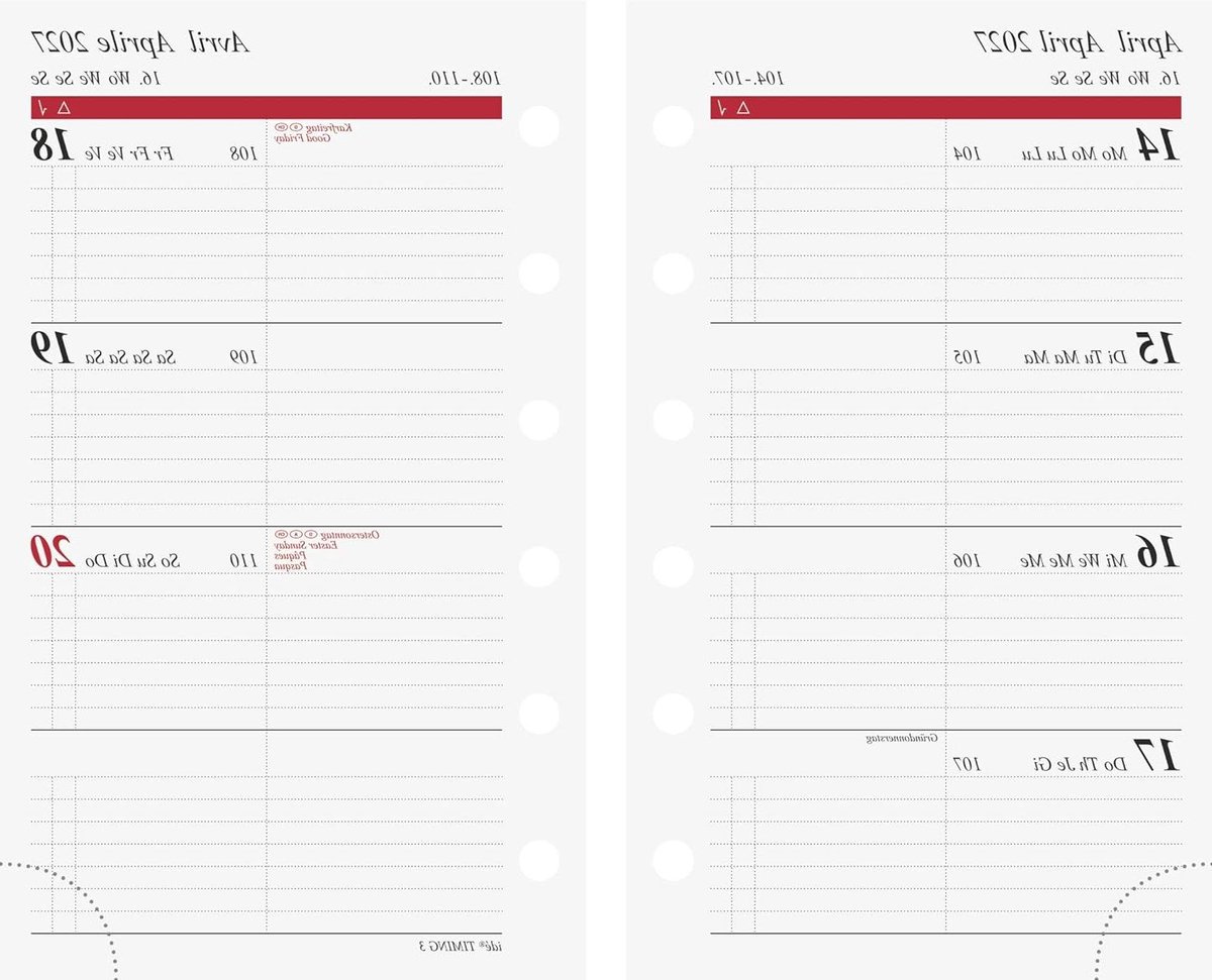 Weekkalender Timing - Planners Agenda - Afspraken Plannen - Viertalig Ontwerp - A7 Formaat - Zwart Bordeaux