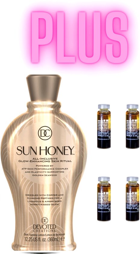 Devoted Creations Sun Honey lotion in luxe gouden fles, met 4 kleine flesjes, 'PLUS' tekst boven.