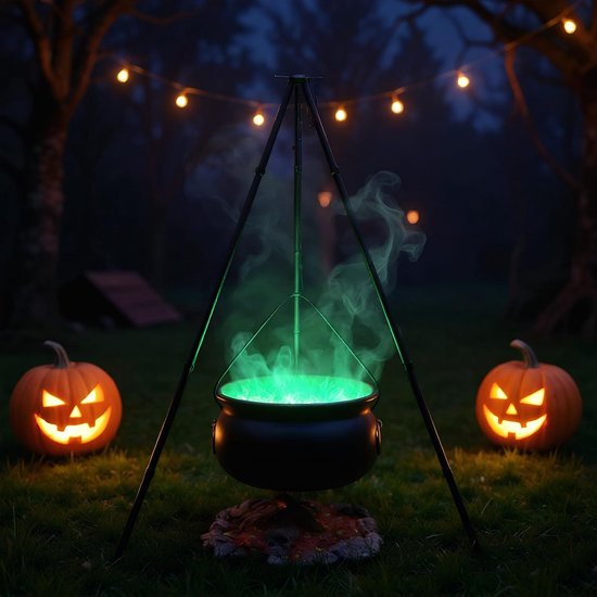 Heksenketel met Statief - Decoratie Ketel - Halloween Versiering - Inclusief Lichtjes - 90 cm Hoog - Zwart — afbeelding 2