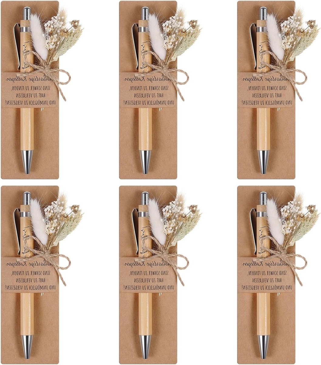 Houten balpen met gravure en gedroogde bloemen, inclusief papierhouder voor afscheidscadeau voor leraar, collega of vriend - 6 sets