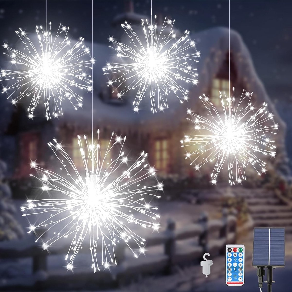 4 Stuks Zonne-energie Vuurwerkverlichting met 480 LEDs, Waterdichte Hanglampen met 8 Modi en Afstandsbediening voor Tuin en Bomen
