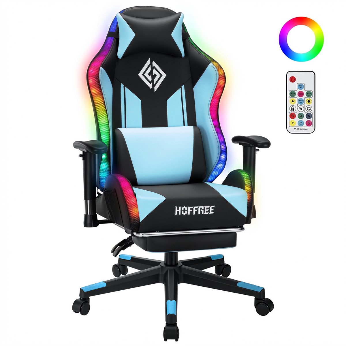 HOFFREE LED Gaming Stoel voor Kinderen 8-15 Jaar – Verstelbare Gamer Stoel met LED Verlichting, Voetsteun & Lendensteun, Ergonomische PC Stoel – Blauw