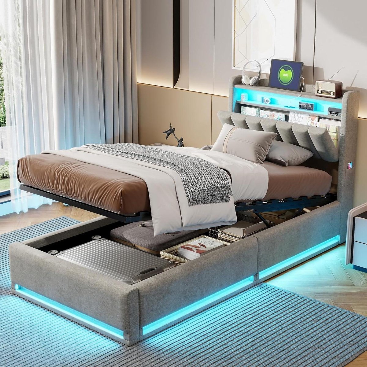 Gestoffeerd Bed - Tienerbed Opbergbed - Ruimte Besparen - Met Laadstation - 90x200 cm - Grijs