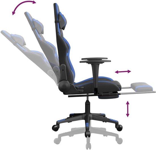 Gamingstoel met Massage - Computerstoel Ergonomisch - Comfortabel Gametijd - Verstelbare Rugleuning Voetensteun - 67x64x127 cm - Zwart Blauw — afbeelding 2