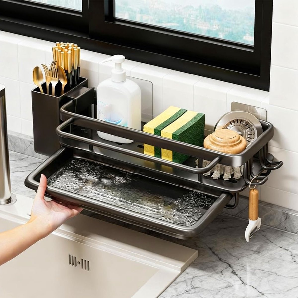 Countertop Afvoer met Bestekhouder, Sponshouder en Afvoerpan - Keuken Organizer met Haakjes, Geen Boren Nodig