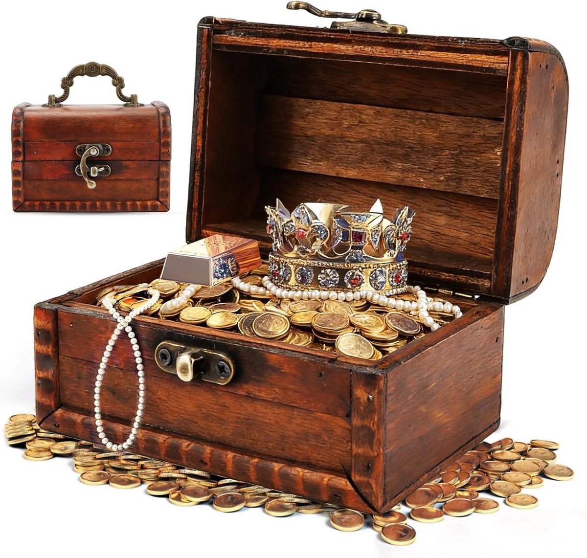 Vintage Houten Schatkist voor Kinderen, Kleine Schatkist met Slot, Piratenschatkist voor Verjaardag, 11.5 x 8 x 8 cm, Opbergdoos voor Sieraden, Munten en Decoratie