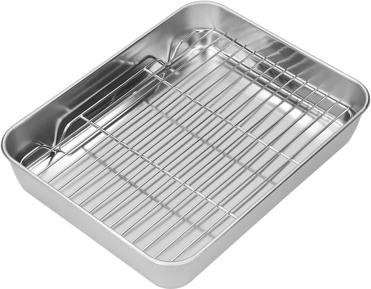 Ovenschaal met Rooster Braadslede Bakplaat Gezond Koken Roestvrij Staal 26.5 x 20.5 x 5CM Zilver