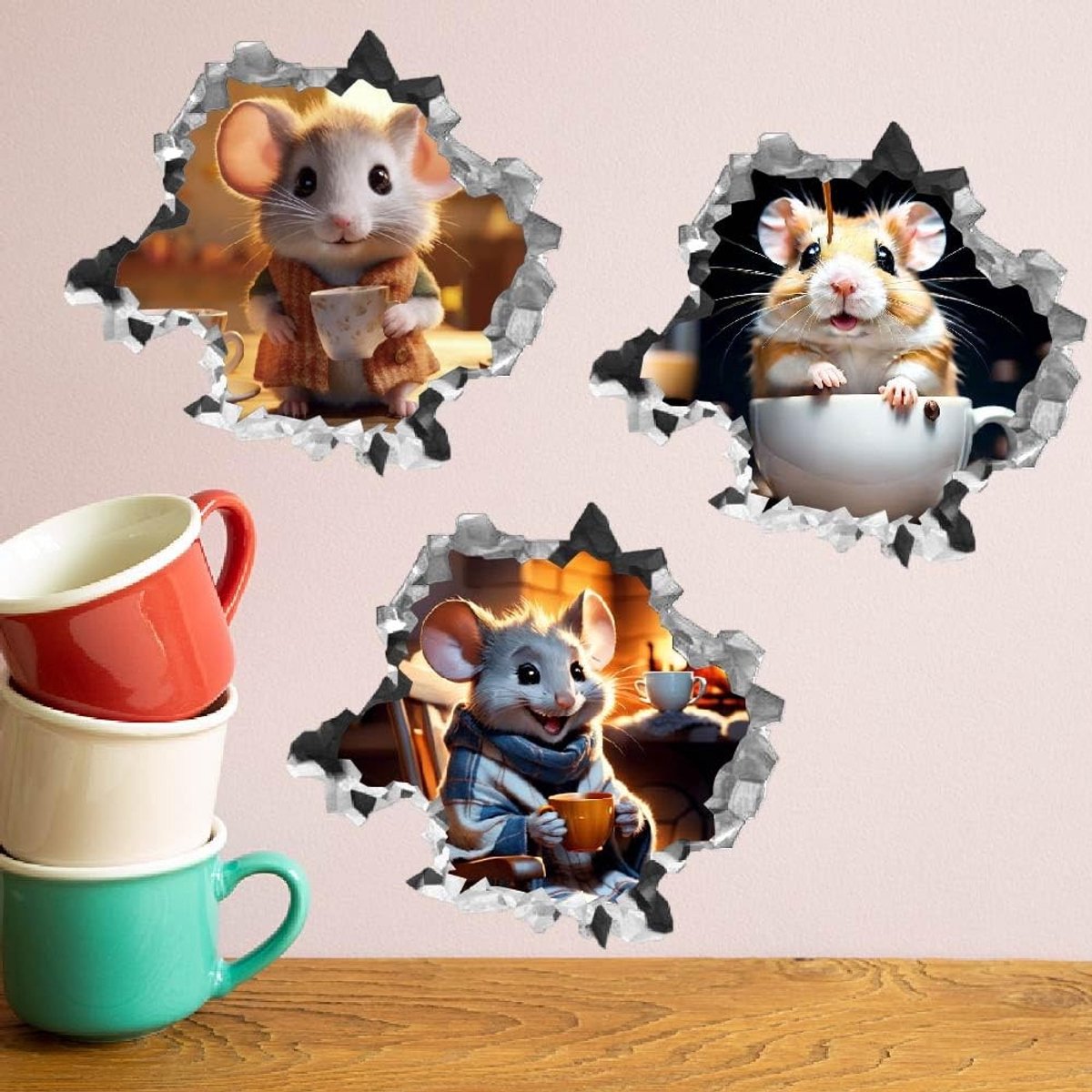 Dailygoody - 3D Muisgat - Realistische Muursticker - Grappige Dierstickers - Kinderkamer Decoratie - Muurstickers Voor Thuis - Unieke Woonaccessoires