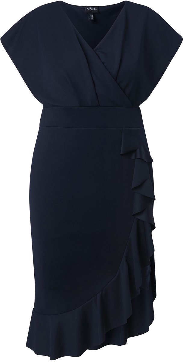 Ulla Popken - Dames - Bodycon-jersey jurk volants V-hals kapmouwen - Marine - Maat 60